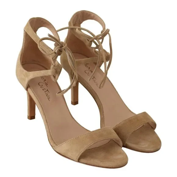 Maria Christina Elegant Beige Suede Ankle Strap Heels